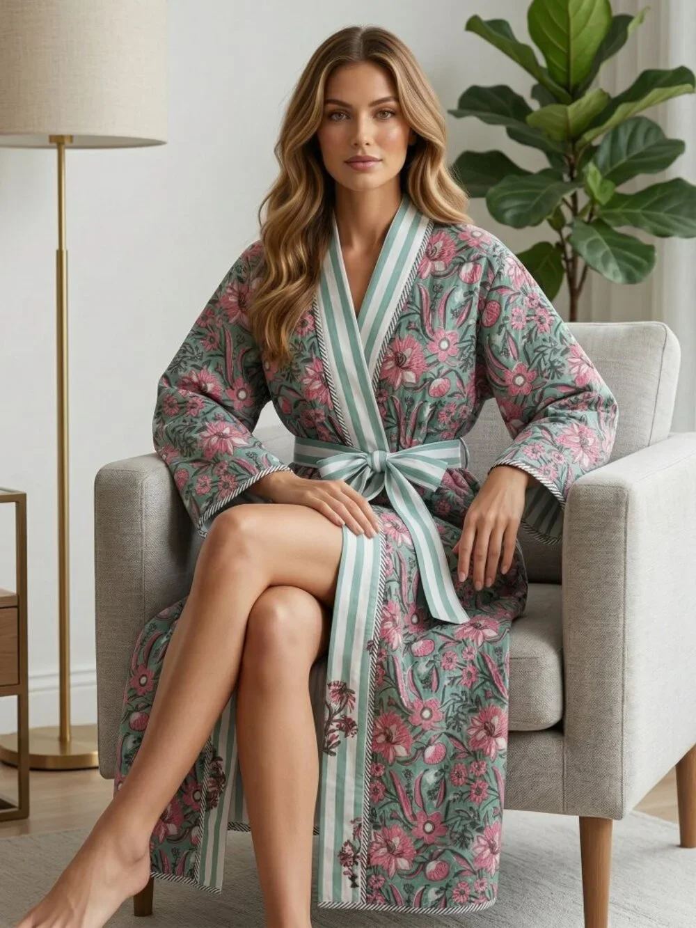Reversible Cotton Kimono Robe, Hand Block Print Bathrobe, Floral Quilted for Her
